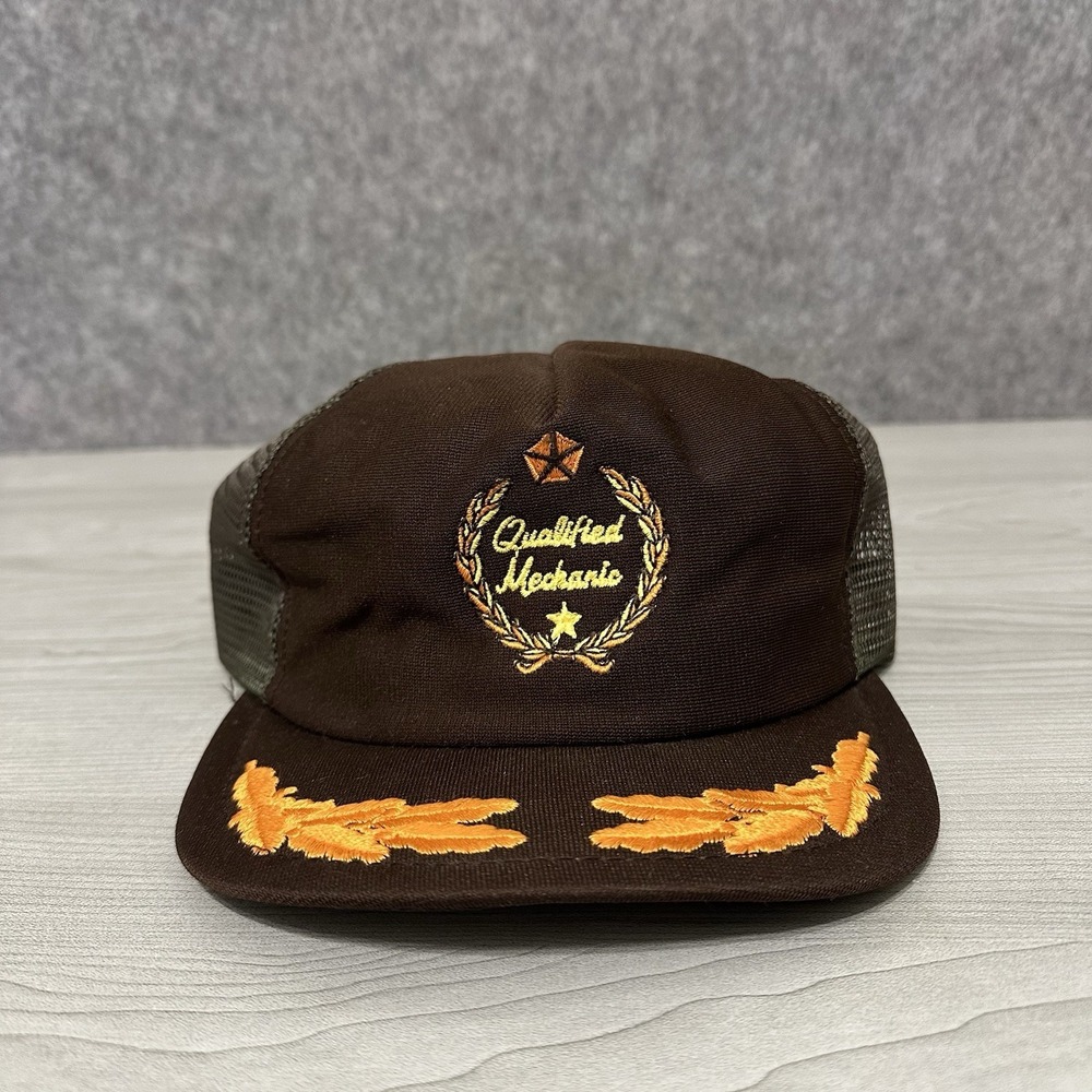 Vintage 1980s Qualified Mechanic Trucker Hat Men's Sz Adjustable Brown Mesh FLAW